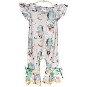 Infant Girl Hot Air Balloon Print Romper 3-6M Ruffle Lace Trim Snap Closure